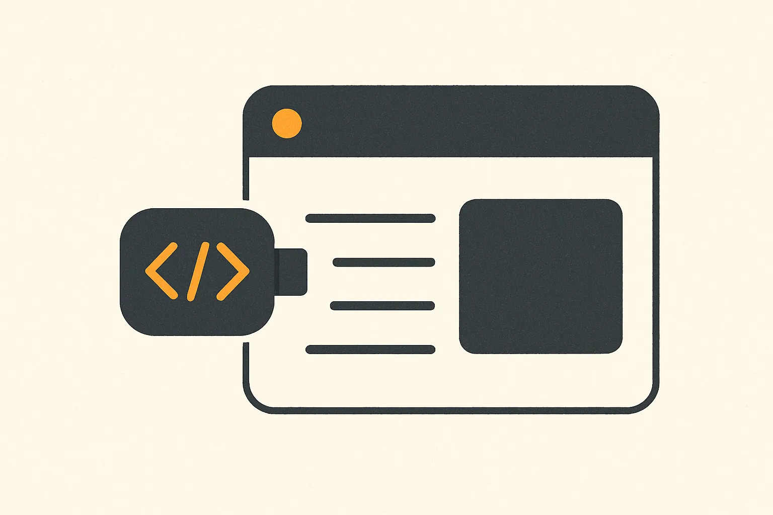 Flat vector illustration of a small code-snippet shape plugging into a website panel