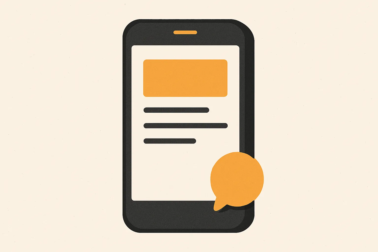 Flat vector illustration of a smartphone showing a chat bubble floating over a simple webpage