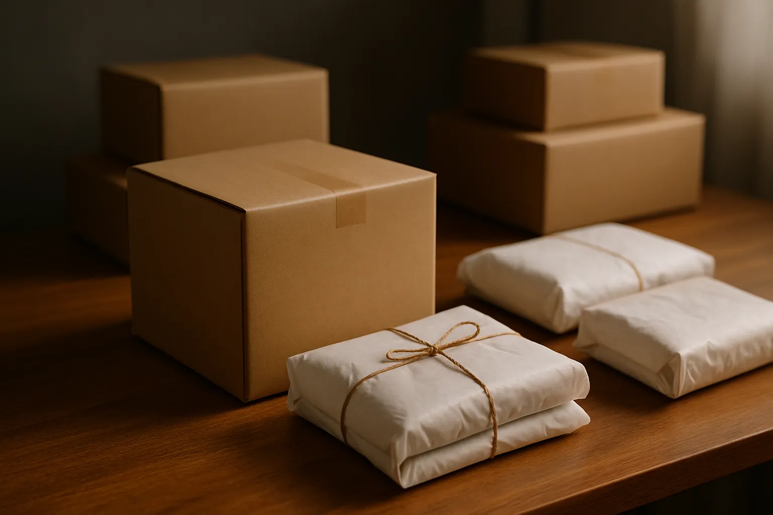 Neatly packed online store orders with kraft boxes ready to ship, amber natural light
