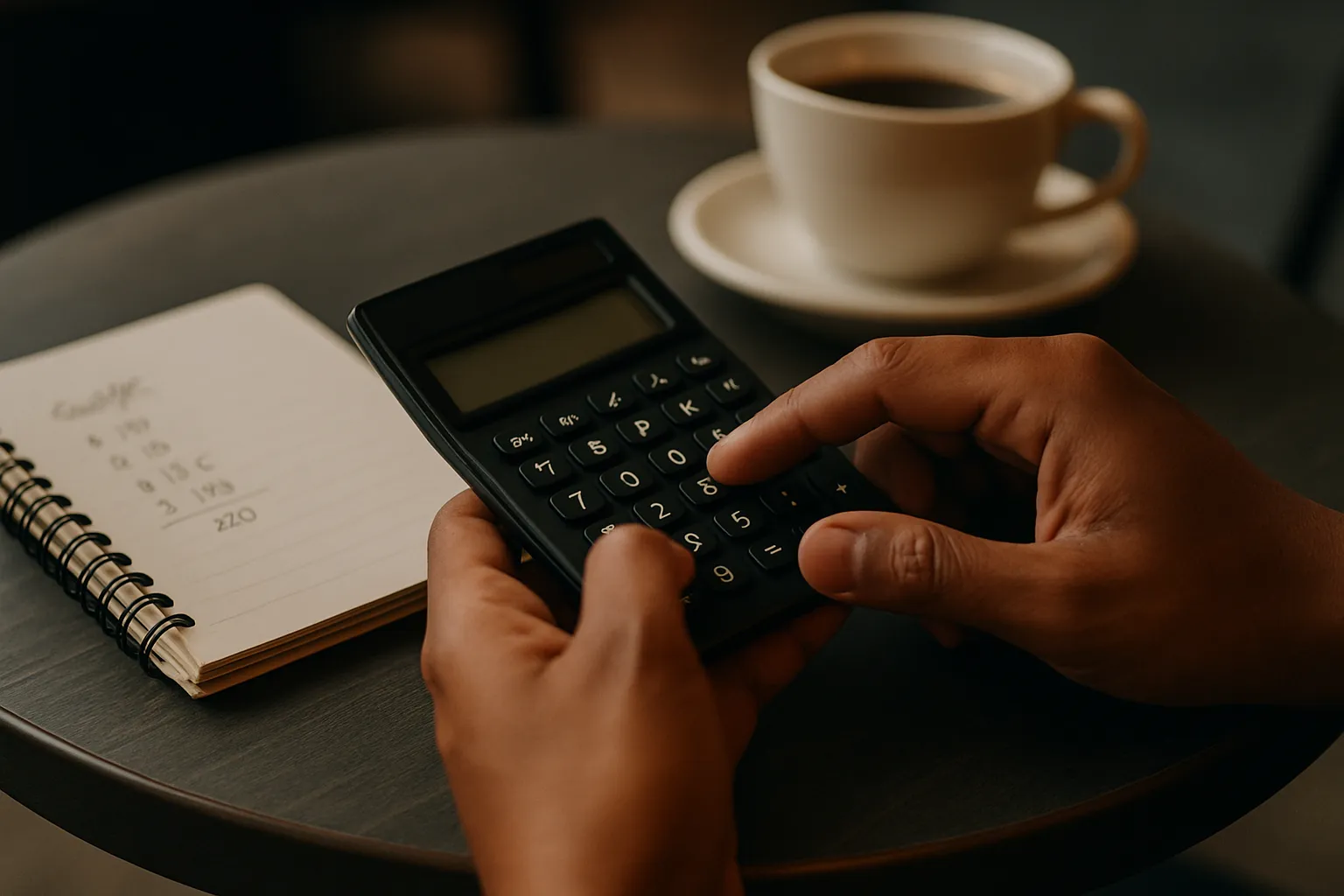 Hands using a calculator next to a notebook with peso budget figures on a cafe table