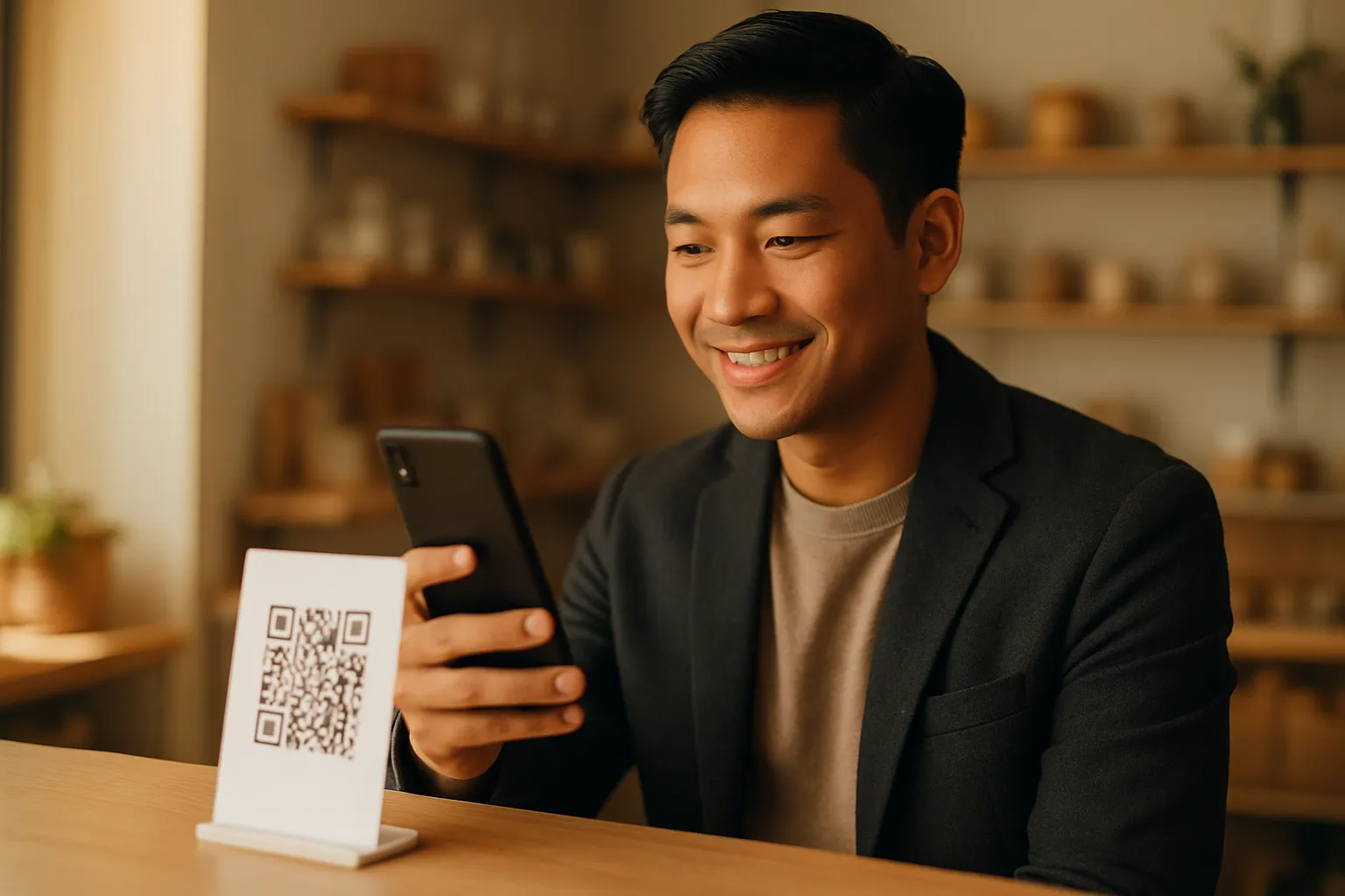 Small-business owner scanning a QR code to pay with a phone in a bright shop