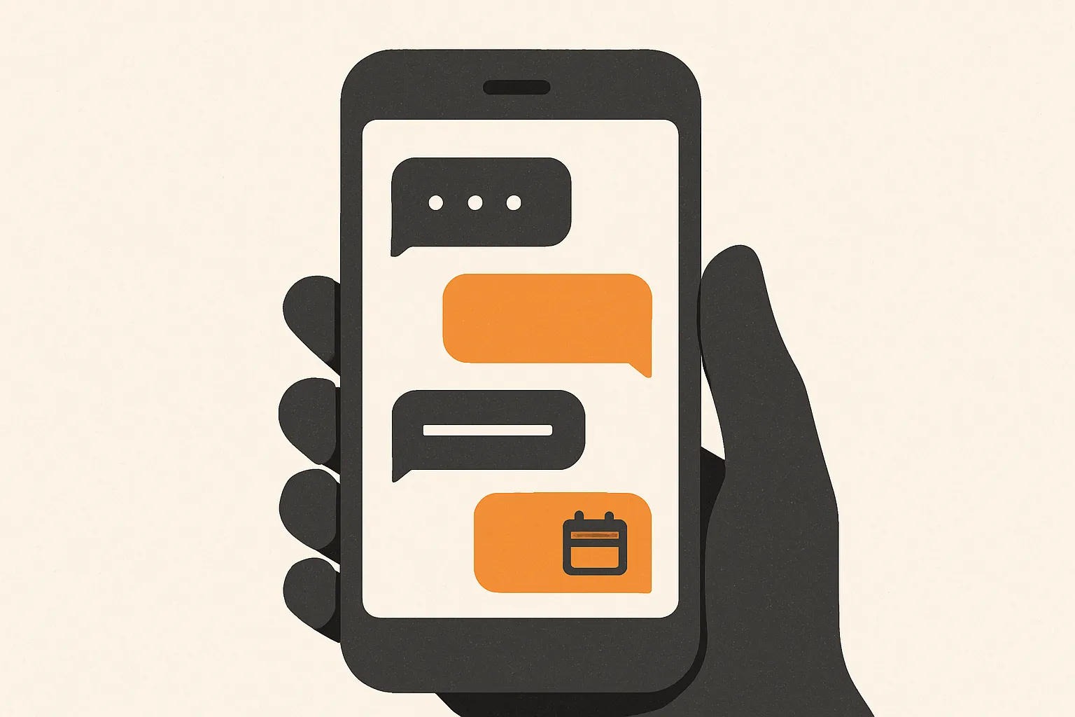 Flat vector of a smartphone showing a simple booking and FAQ chat conversation