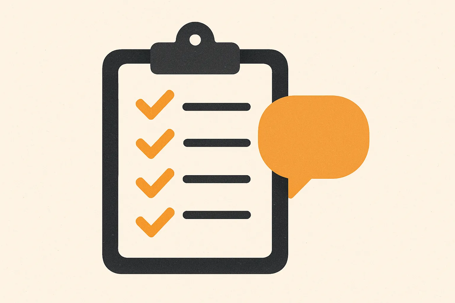 Flat vector of a clipboard checklist paired with a chat bubble