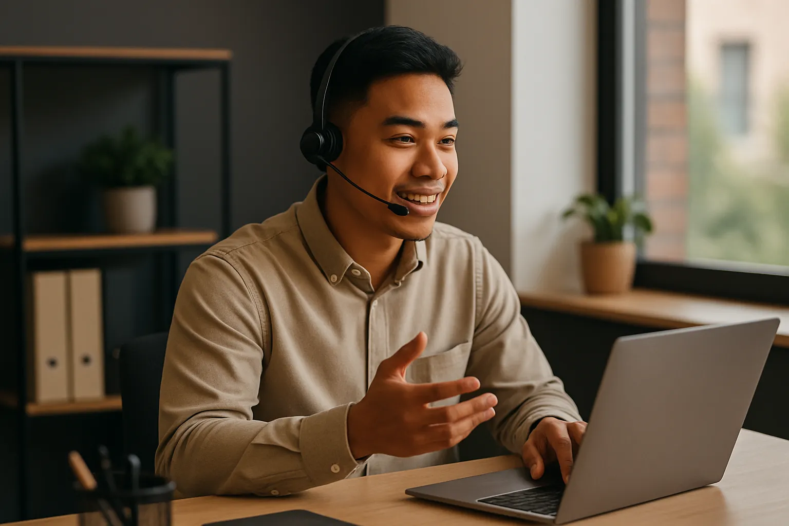 Filipino employee at a small office desk handling customer calls and chats during business hours, warm daylight