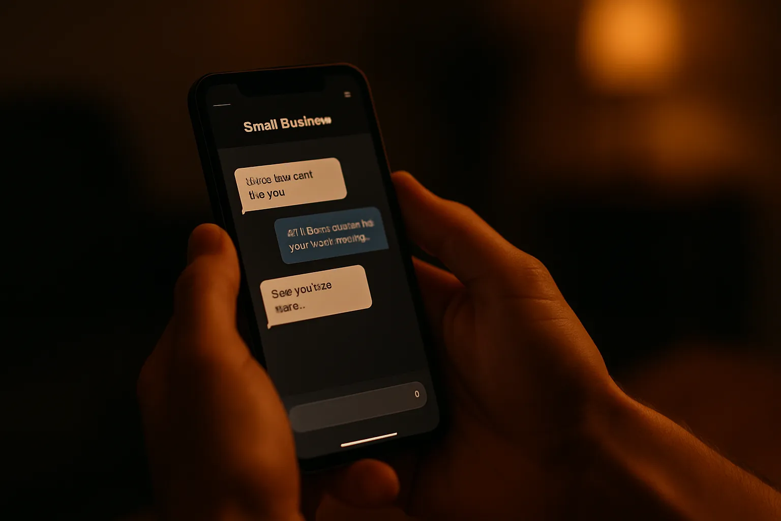 Close-up of a smartphone showing a friendly chat conversation on a small-business website at night, soft amber glow