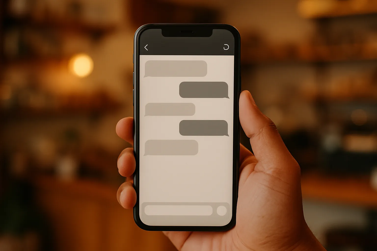 Close-up of a hand holding a phone showing a simple chat conversation, warm cafe light in the background