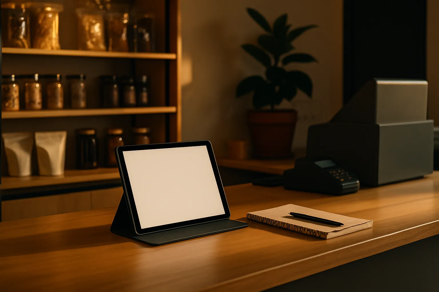 A small Philippine shop counter at golden hour with a tablet and notebook, calm and organized