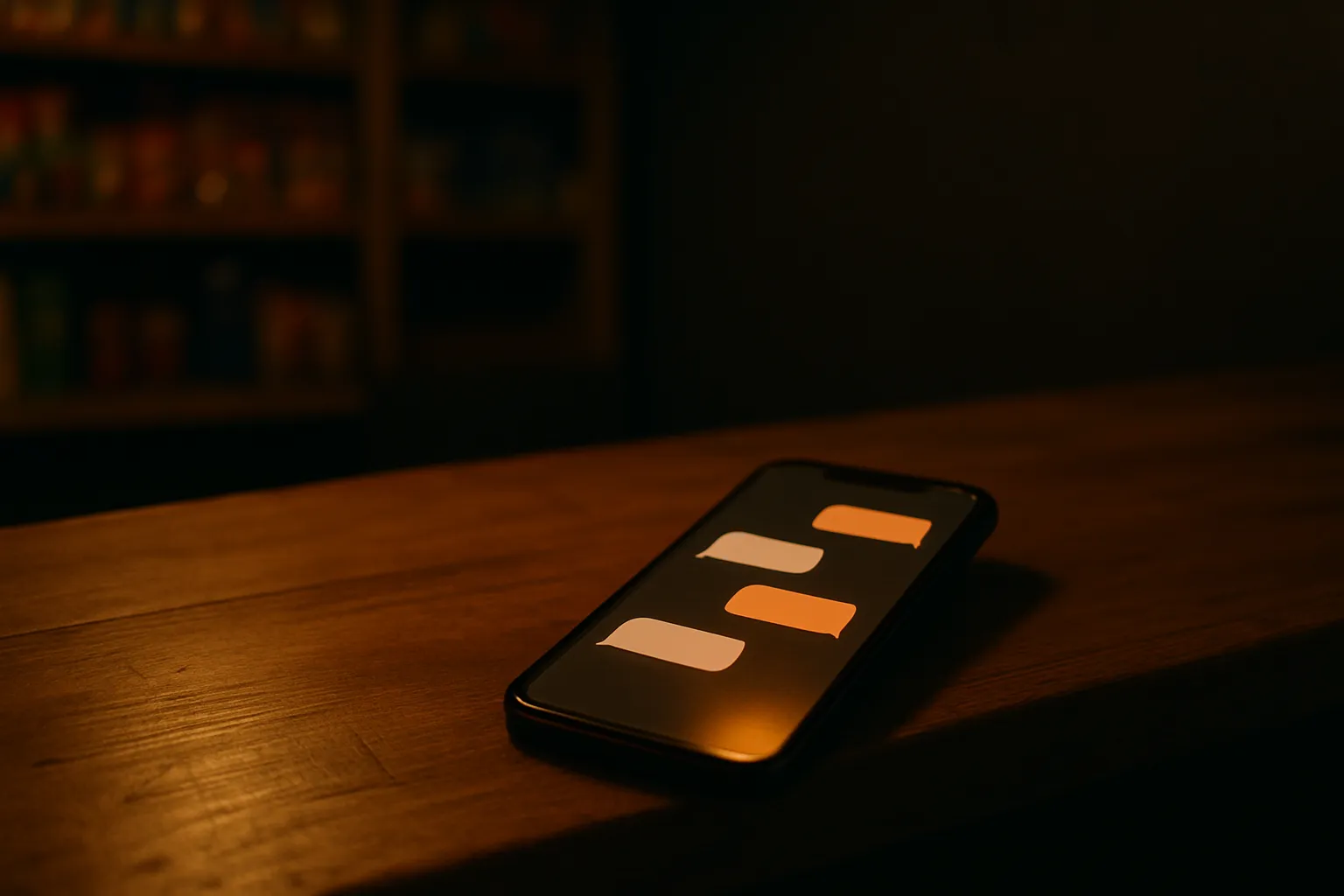 A phone screen at night glowing with an incoming customer message, sitting on a wooden shop counter