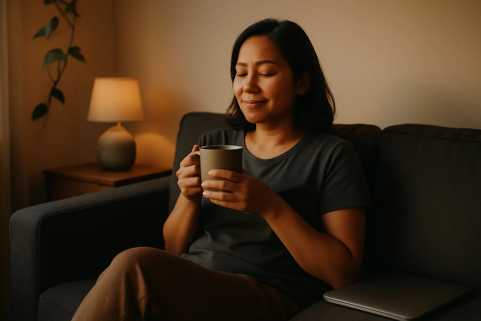 Calm Filipino shop owner relaxing in the evening while an AI chatbot handles customer questions