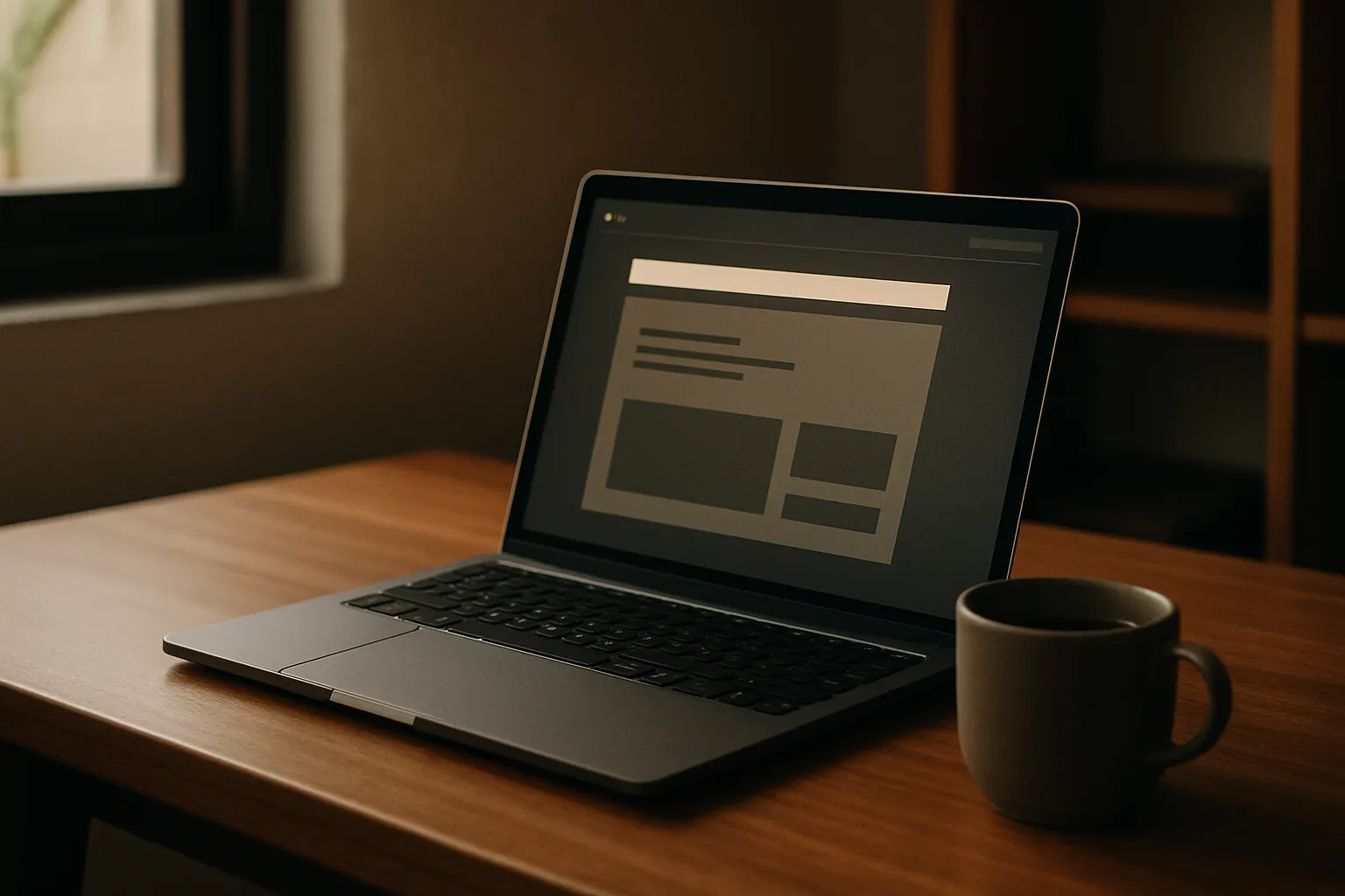 A laptop set up to add a website chatbot in a small Philippine home office, calm amber-lit workspace