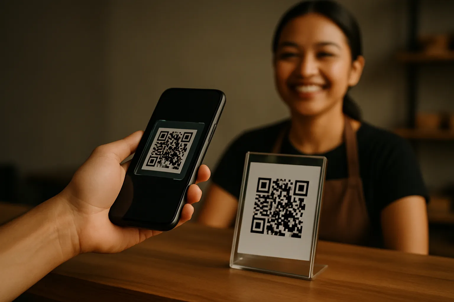 Customer paying a Philippine small business by scanning a QR code with a mobile wallet app, warm natural light