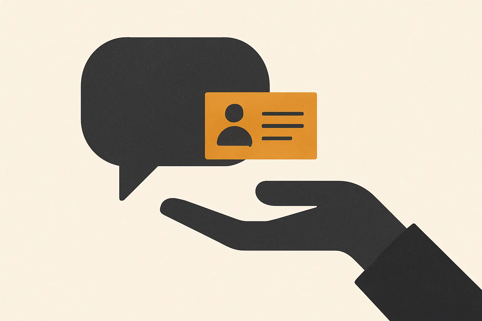 Flat vector illustration of a chat bubble handing over a contact card