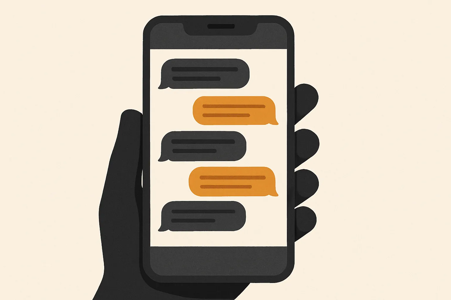 Flat vector smartphone showing a generic social chat thread with message bubbles