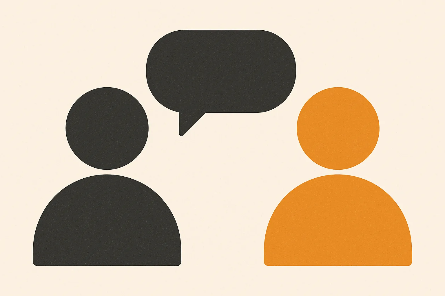 Two simple person shapes chatting with a single speech bubble between them