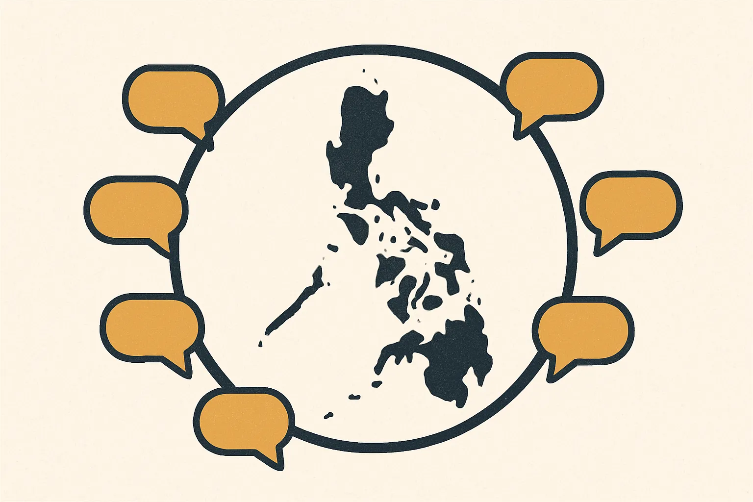 Stylized outline of the Philippine islands surrounded by small speech bubbles