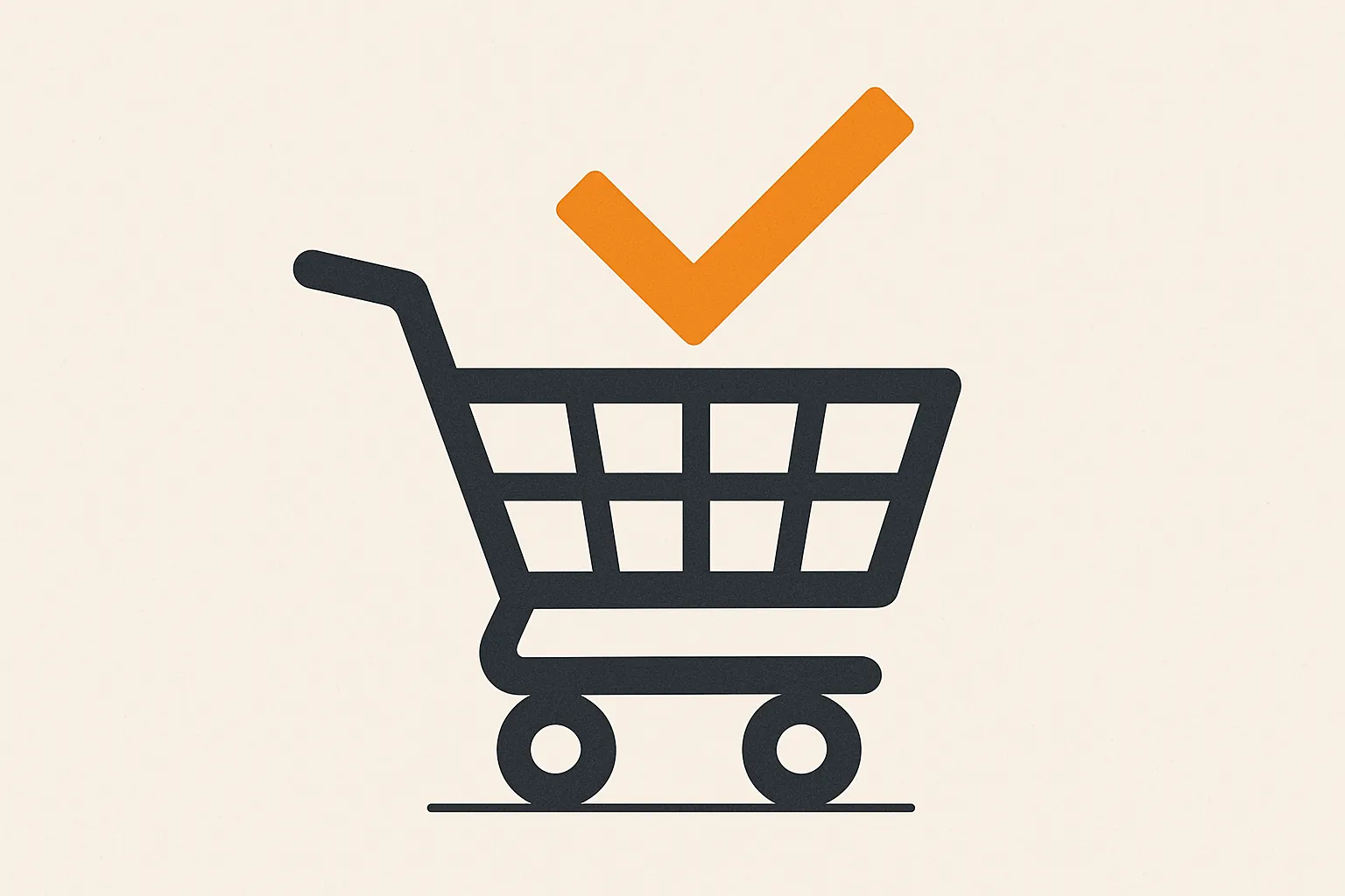 Flat vector illustration of a shopping cart with a checkmark, a completed purchase concept