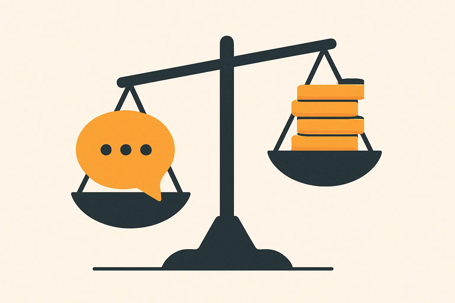 Flat vector illustration of a balance scale weighing a chat bubble on one side against a stack of coins on the other.