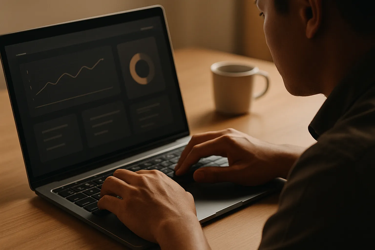 Hands typing business hours and prices into a simple clean dashboard on a laptop, warm desk lighting