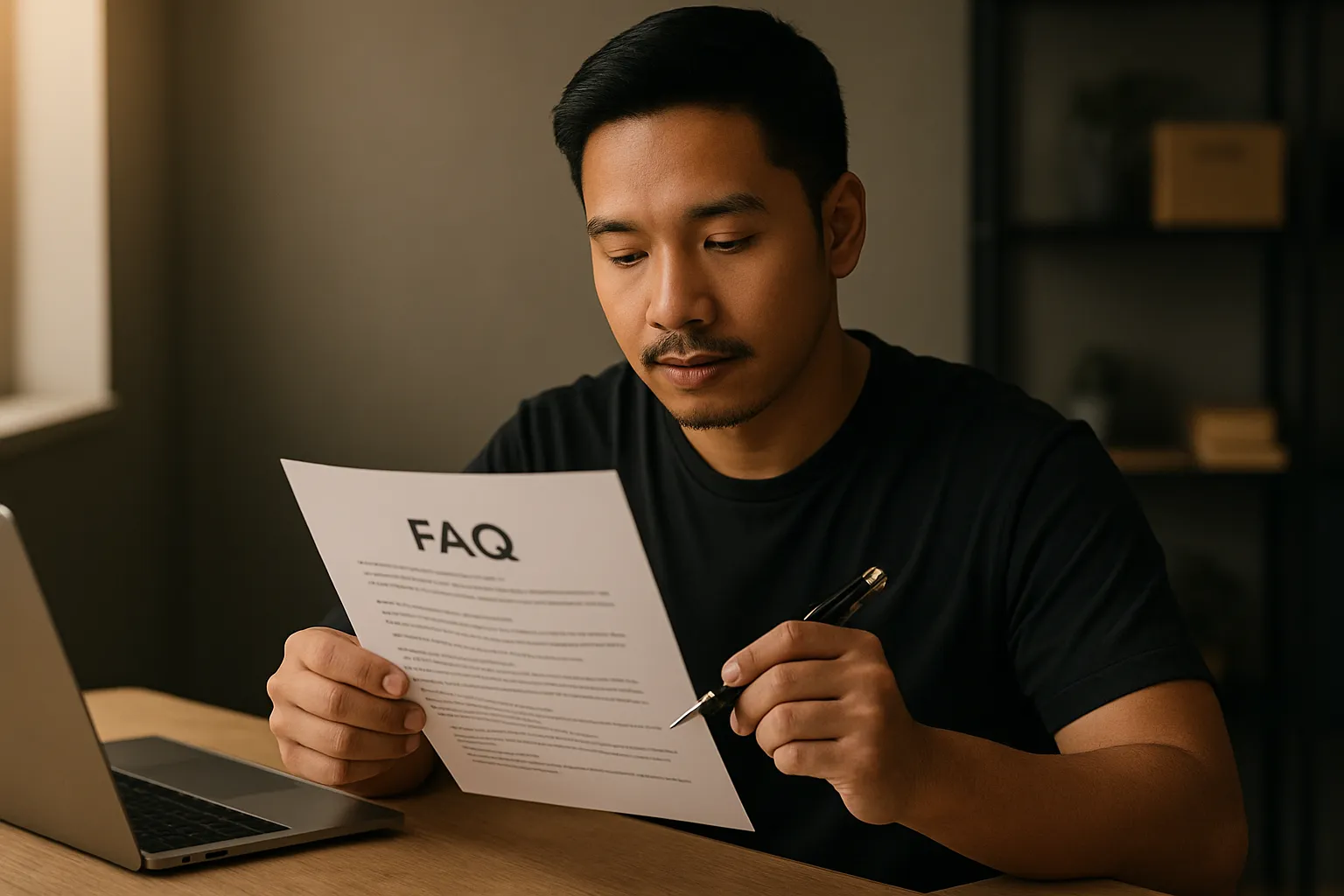 Small-business owner reviewing a printed FAQ document with a pen, checking for gaps, warm natural light