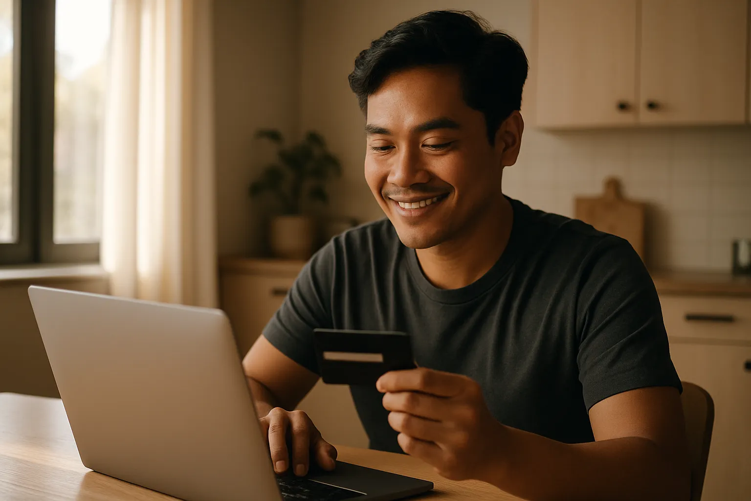 Filipino customer happily completing a purchase on a laptop at a sunlit kitchen table
