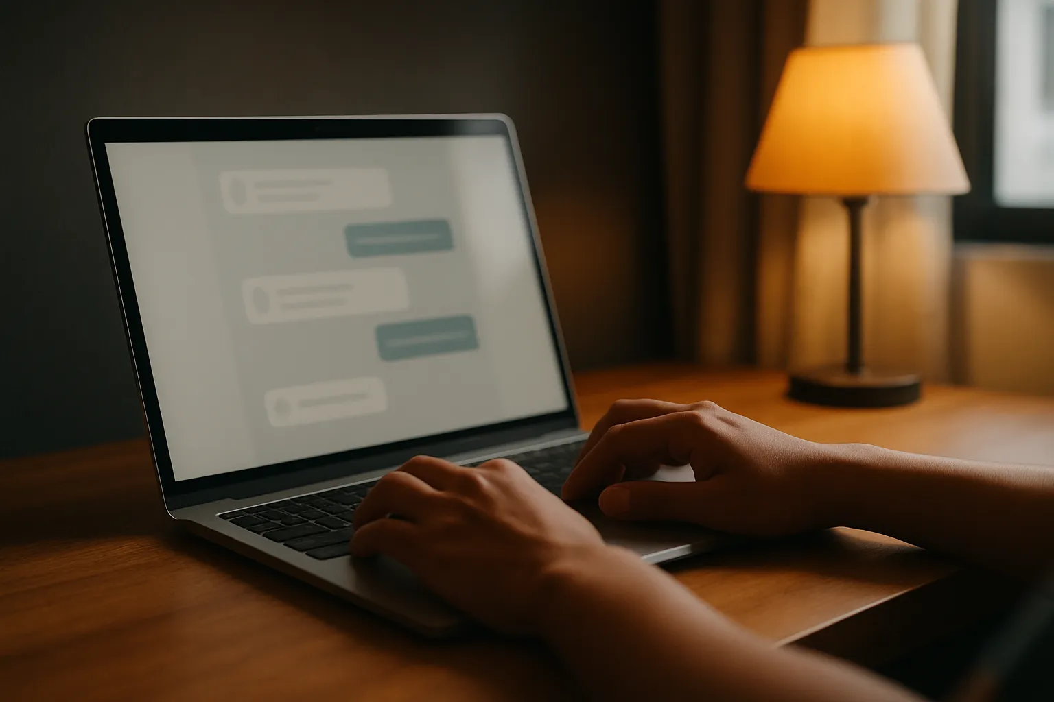 Close-up of hands typing on a laptop with a simple chat window open, soft amber desk lamp glow