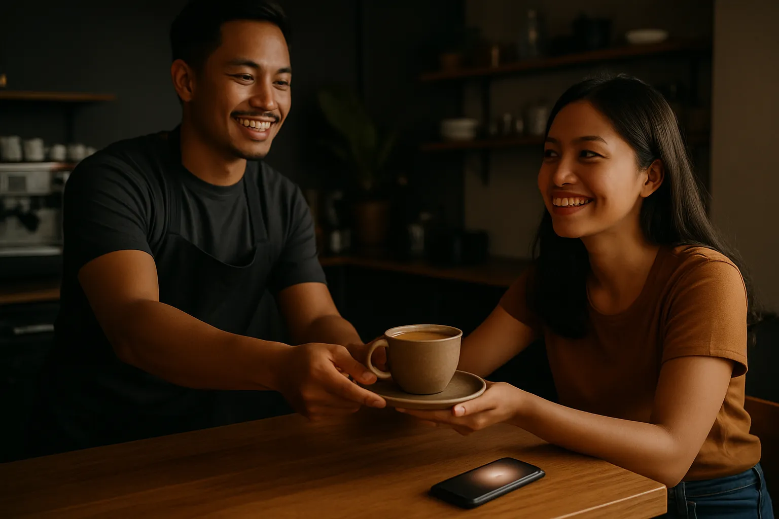 A small cafe owner helping a customer at the counter while a phone shows a chat notification